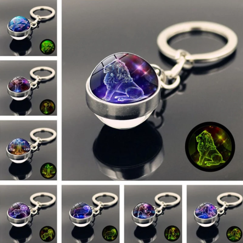 

12 Constellation Luminous Keychain Glass Ball Pendant Accessories Zodiac Keychain Glow In The Dark Keyring Birthday Gift for Her