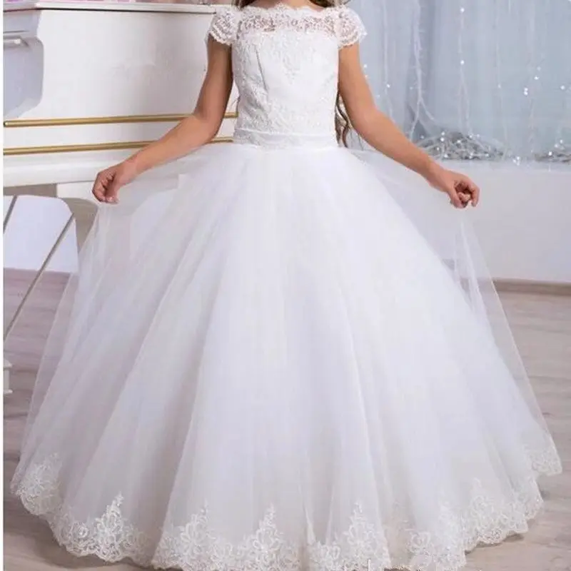 

New Flower Girl Dress Elegant Champagne Lace Appliqué Sleeveless Cascading Kids Pageant Gowns For Weddings First Communion Dres
