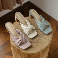 2022 summer temperament purple middle heel sandals and slippers women slides fashion square head thick heel cross strap sandals