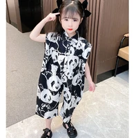 childrens clothing summer new girls jumpsuit printed panda childrens shirt collar jumpsuit kids clothes pants cotton loose