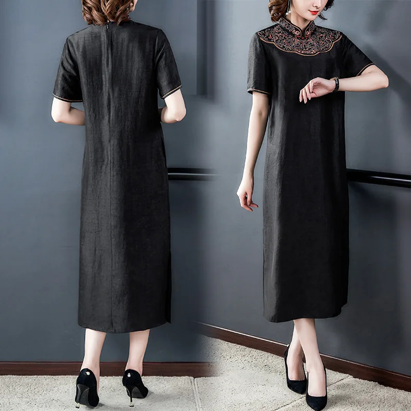 Женская длинная шелковая юбка-Ципао с воротником-стойкой и коротким рукавом |