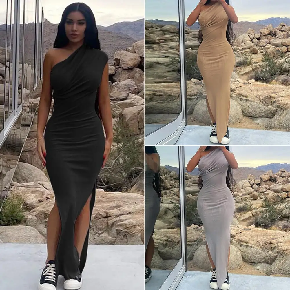 

Sleeveless Slash Neck Side Split Hem Women Dress One Shoulder Lady Pleated Bodycon Long Dress Party Clothing