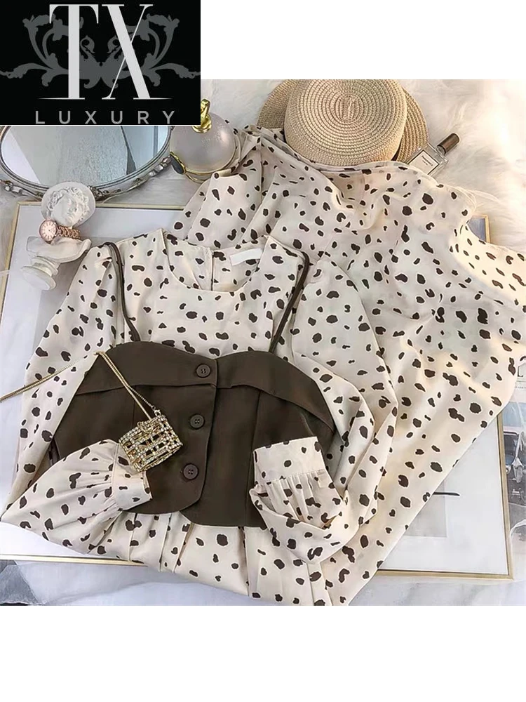 

Women 2 Piece Vintage Fairy Flower Print Long Sleeve O-neck Midi A-line Dress And Casual All-Match Vest Fashion Ladies Set