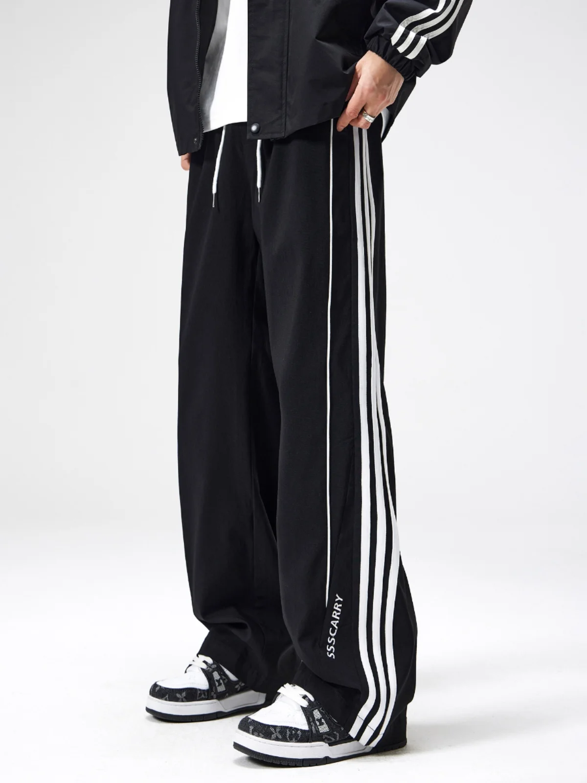 Uoohe American-Sle Three-Bar Pants Men's 2024 Autumn New Loose Straight Casual Trousers Stripe Wide-Leg