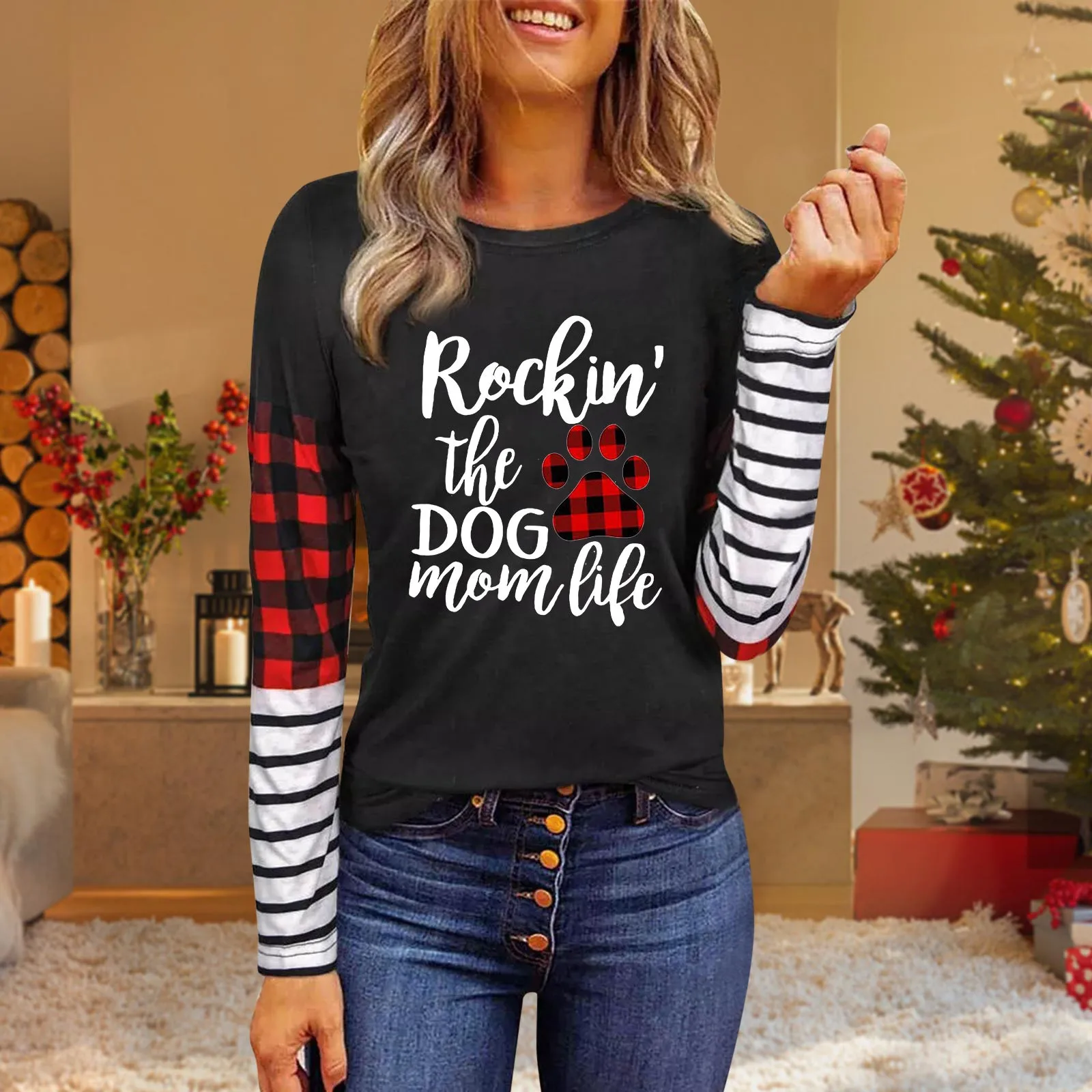 

Женская Трехцветная свободная футболка с длинным рукавом и круглым вырезом