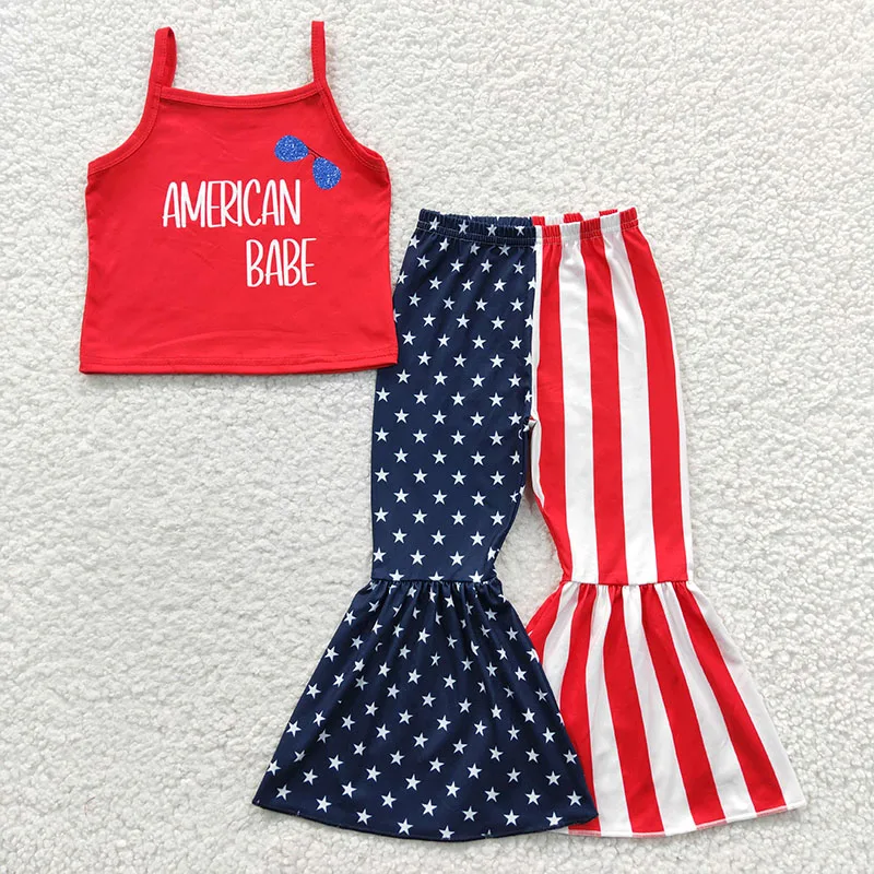 

Boutique girls clothing sets July 4th american babe girl's shirt top with flag print bell bottom pants two piece outfits