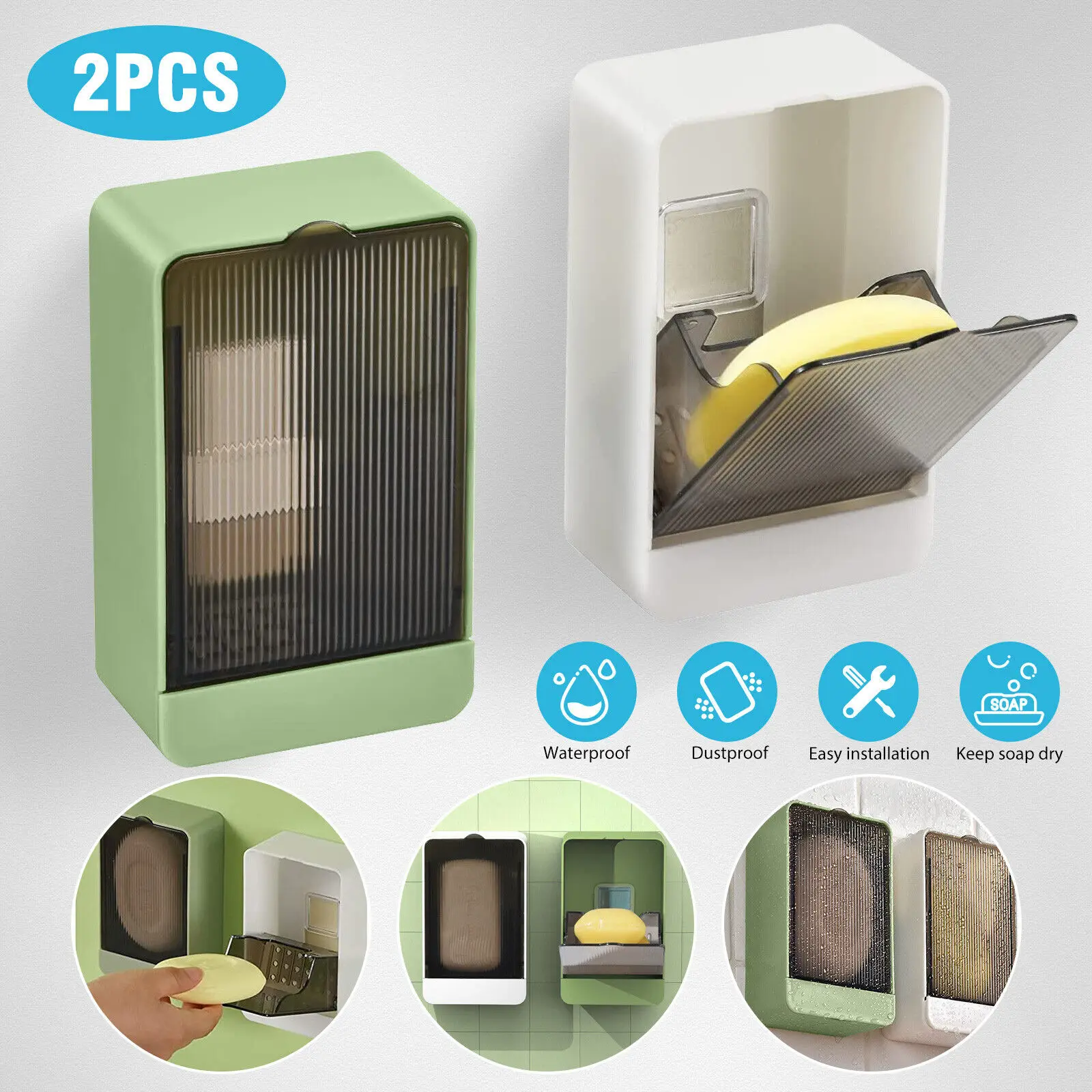 

2X Soap Dish Holder Box Adhesive Suction Cup Bathroom Shower kitchen Container