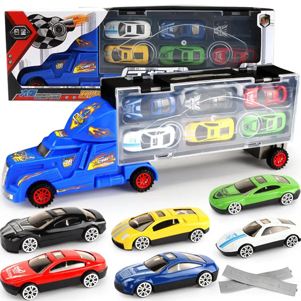 

Big Construction Trucks Kids Portable Container Car Toy Inertial Alloy Small Car Storage Set With Slide Track Model Toy Car