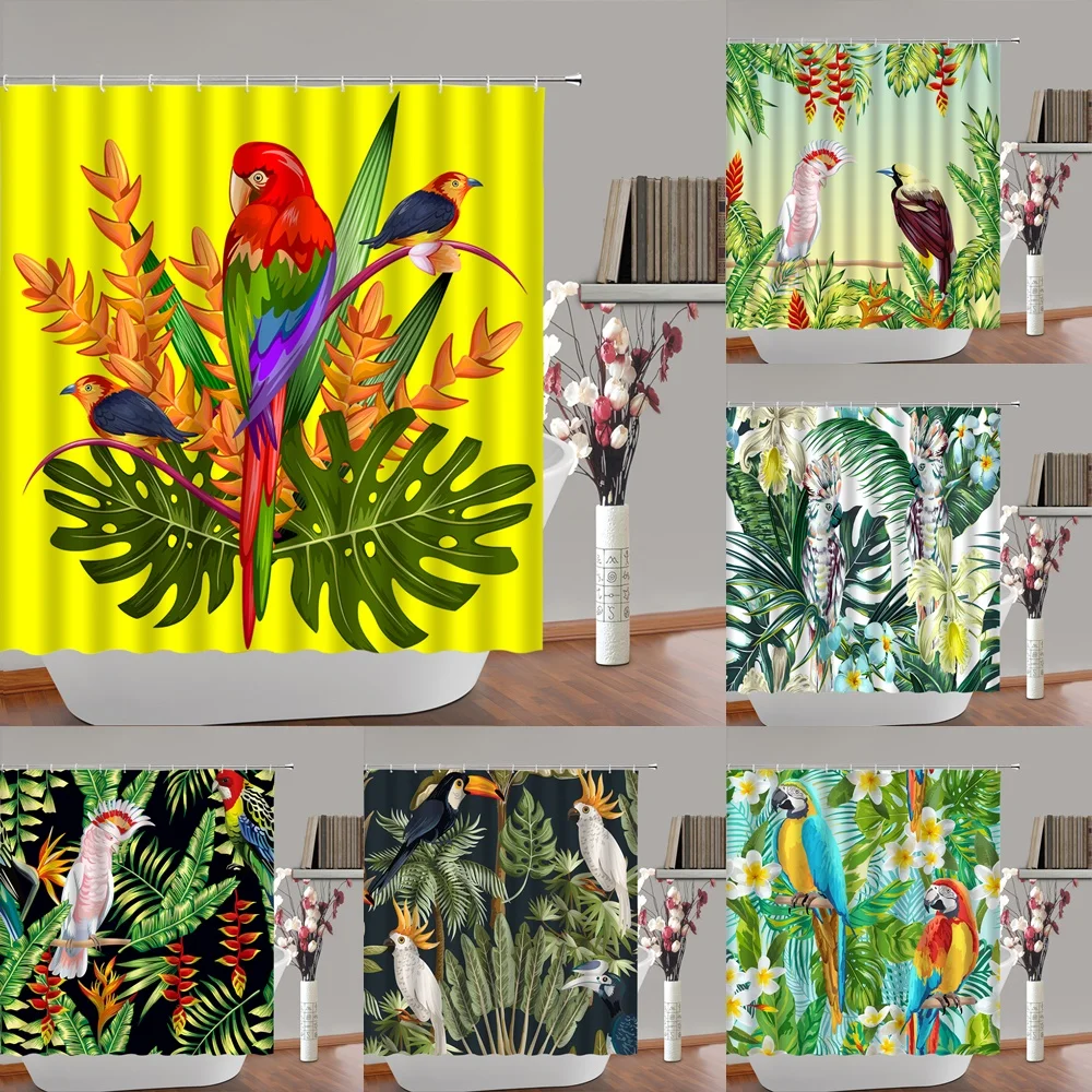 

Tropical Plant Bird Fabric Shower Curtain Waterproof Palm Leaf Bath Curtains for Home Bathroom Decor with Hooks Cortina De Baño