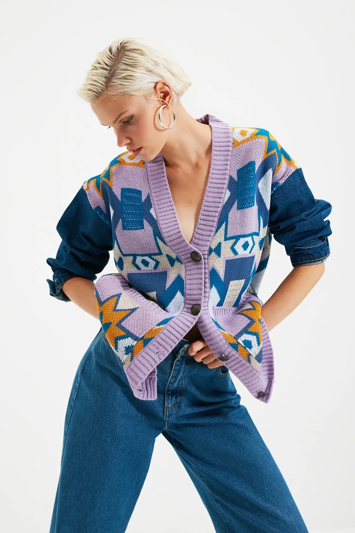 

Lilac Denim Sleeve Detailed Jacquard Knitwear Cardigan Christmas gift