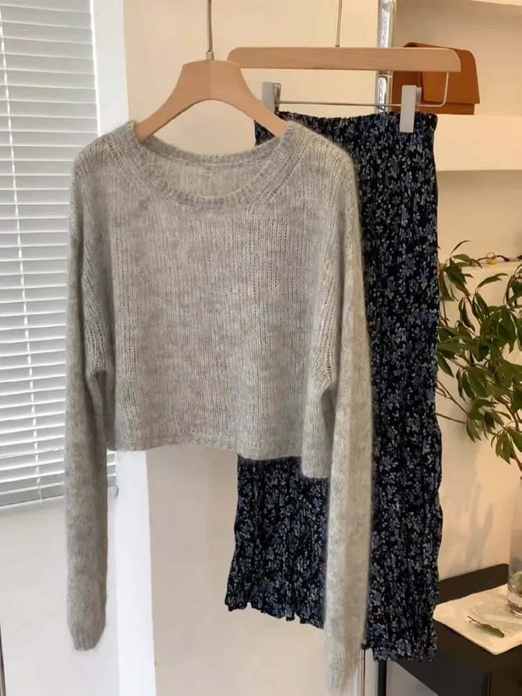 Серый мохеровый свитер с круглым вырезом Idle Sle женская осенне-зимняя внутренняя