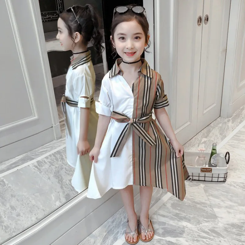 

teen Girls dress Clothes Baby Kids Striped Short sleeve Summer Short Dress clothing Girl Dress Causal Sashes toddler Dresses