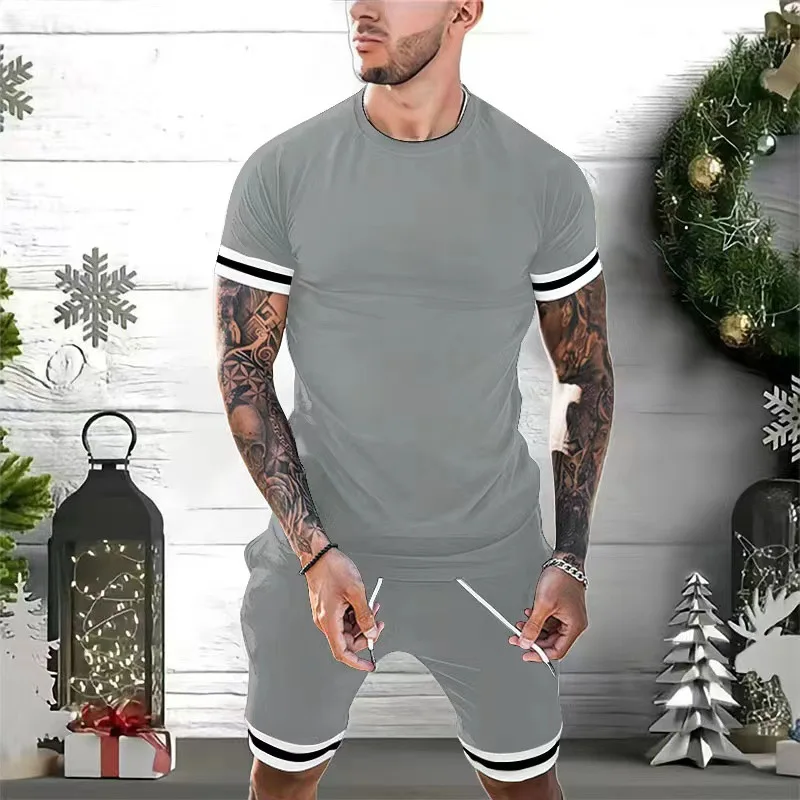 2023 summer men's suit stitching T-shirt + shorts 2 sets of casual breathable sportwear 3D printed fashion novel short-sleeved t