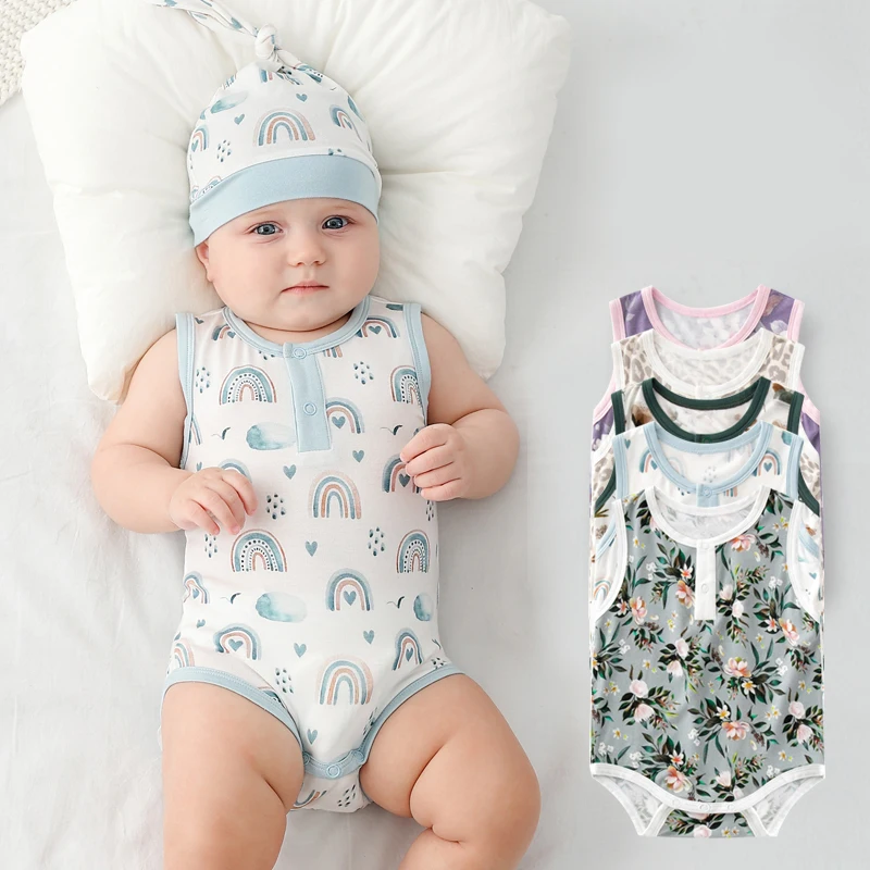 Baby Bamboo Sleeveless Romper Print Bamboo Fabric Button Down Onesie Newborn Size Summer Clothing