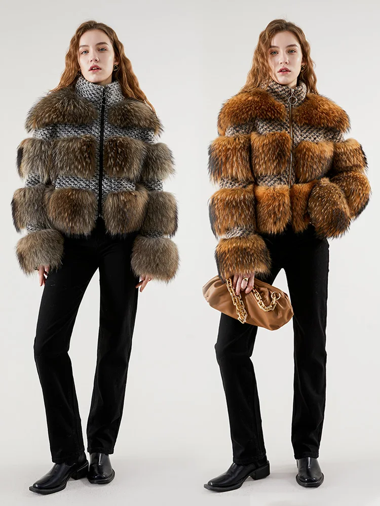 2022 Winter Jacket  Natural Raccoon Fur Wool Weave Fabric Women Real Silver Fox Fur Coat Warm Outerwear Streetwear