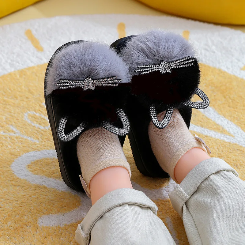 Children's Cotton Slippers Princess Warm Kids Winter Cute Cat Cartoon Diamond Furry Shoes Little Girl Soft Bottom Home Shoes