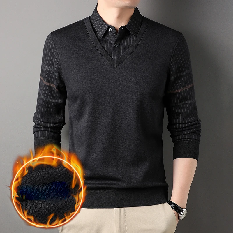 

Мужская зимняя Флисовая теплая рубашка с длинным рукавом, новинка 2022, мужская повседневная модная рубашка в стиле смарт-кэжуал, полосатая приталенная рубашка с имитацией двух нитей