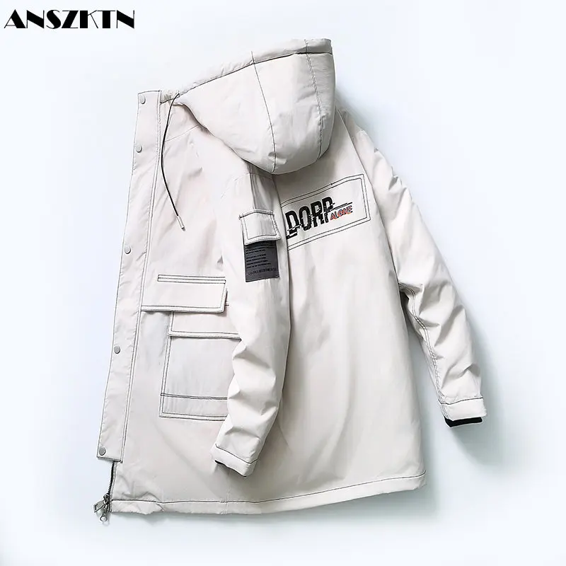 

ANSZKTN Men winter solid hooded length parka cargo jackets padded coat handsome warm down jacket