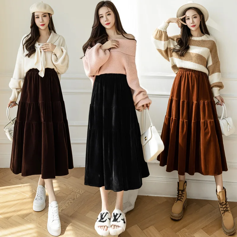 

2022 Corduroy Skirt for Ladies Women Plain Patchwork Pleated Skirts Female Vintage Elastic Waist Long Dress Lady Casual Outfits