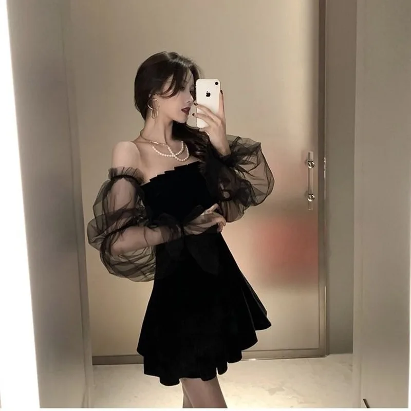 

2023 Black Retro Dress Women Lace Chiffon Mini Dress Female High Street Sexy Korean Fashion Dress Women Club Dress