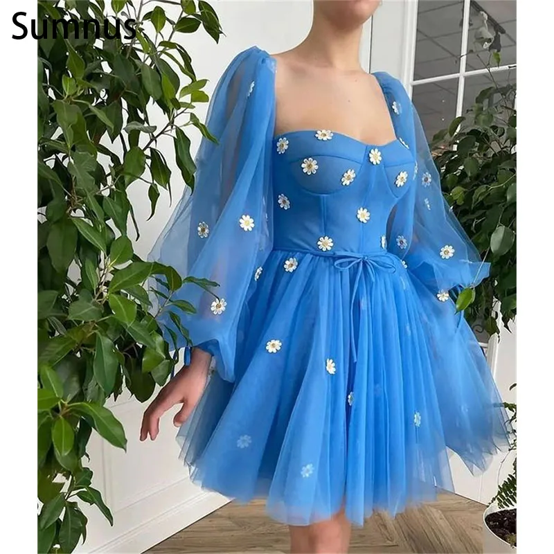 

Sumnus Blue Short Tulle Prom dresses 2022 Puff Sleeves Keen Length Appliques Party Dresses Special Occasion Graduations Dresses