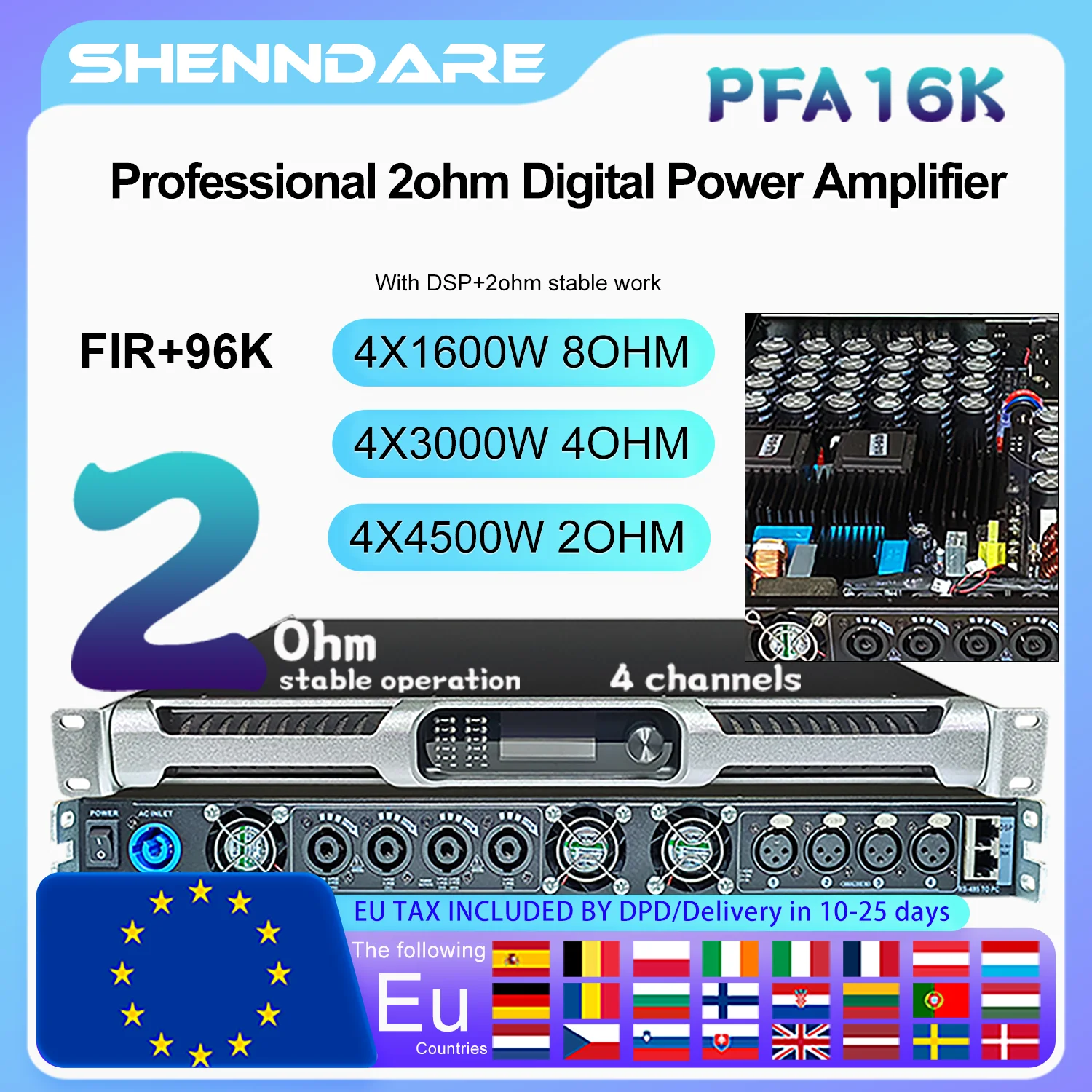 ShennDare PFA16K Профессиональный 4X3500 Вт 2 Ом цифровой усилитель мощности с DSP 96kzh FIR 4x1600 8