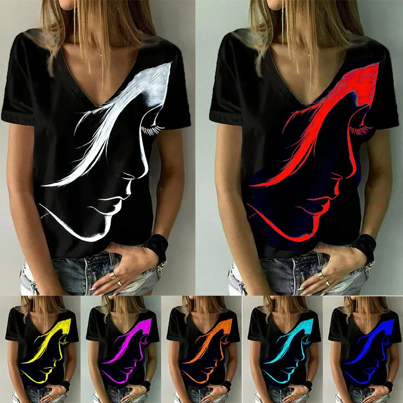 

Women's Summer Casual Oversize Abstract Print Shirt Vintage Female Tee V Neck Tops Loose Y2K Short Sleeve Mujer Camisetas