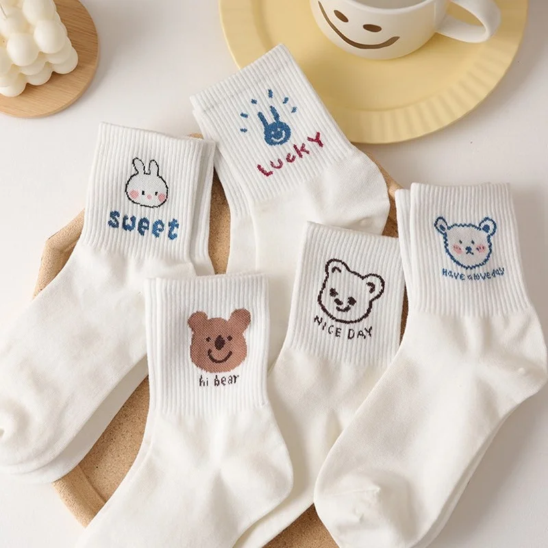 5Pair/Lot kawaii harajuku Breathable Women Socks Bear Lovely Pattern Girl Sock Pure Cotton Female Ins Cute Socks