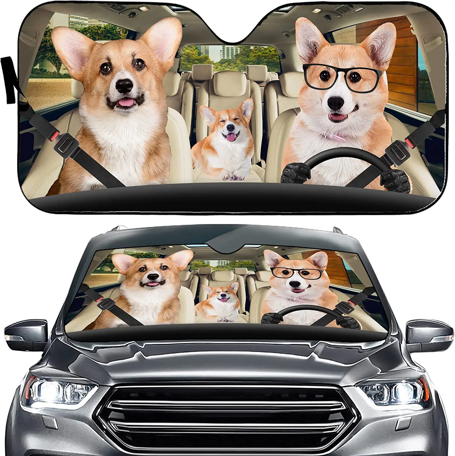 

Corgi Dogs - Parasol para parabrisas de coche, divertido parasol para coche, coche, camión, SUV, furgoneta, 57 x 27.5 pulgadas