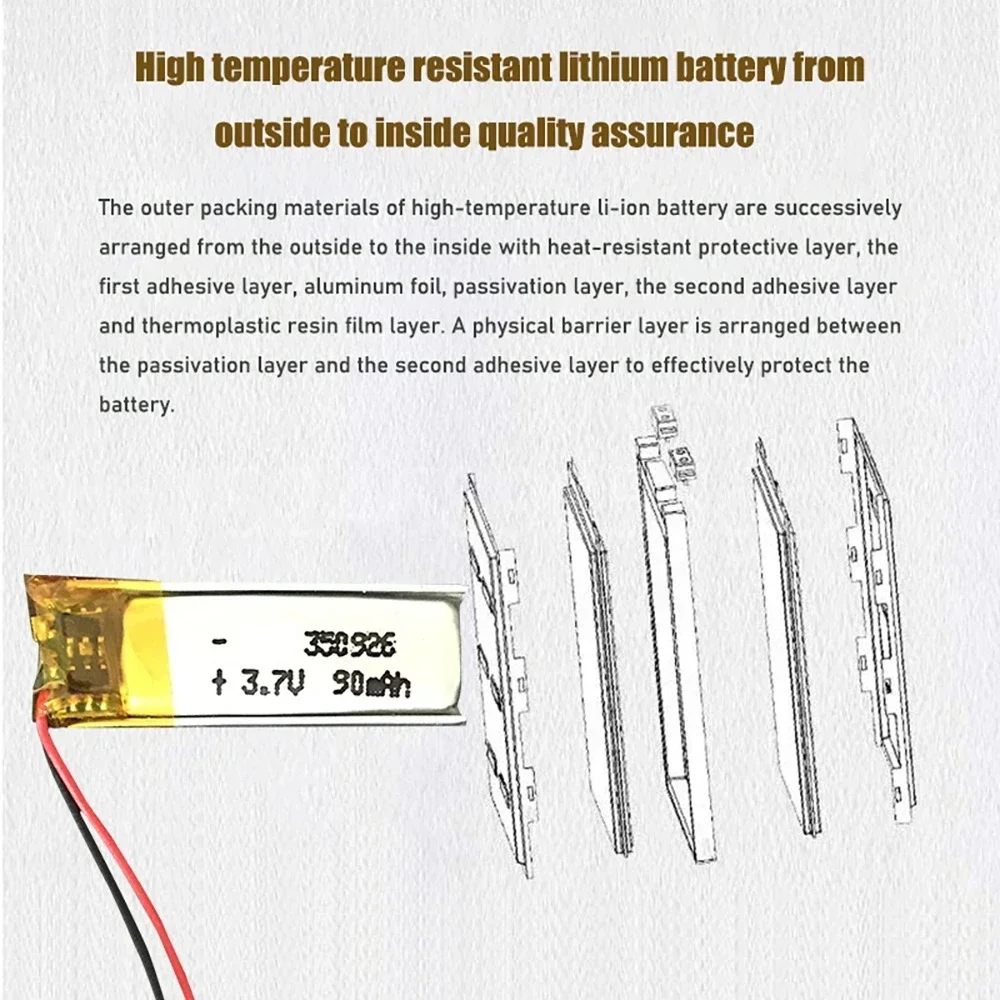 3.7V Lipo cells 350926 90mah Lithium Polymer Rechargeable Battery For MP3 GPS bluetooth headset LED Lamp Smart bracelet