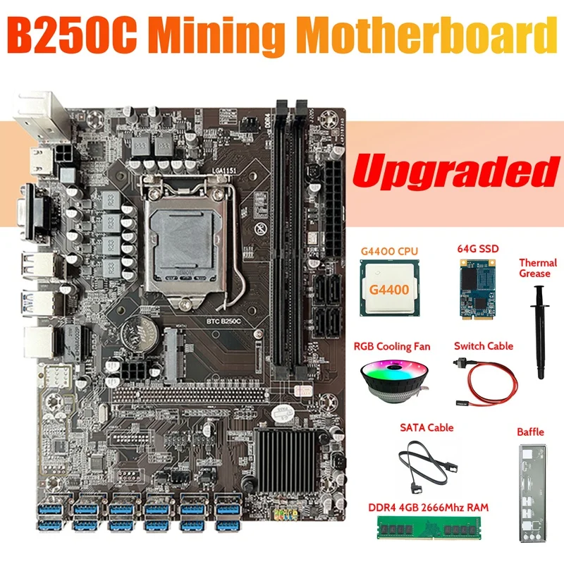 

B250C ETH Miner Motherboard 12USB+G4400 CPU+DDR4 4GB RAM+64G SSD+RGB Fan+SATA Cable+Switch Cable+Thermal Grease+Baffle