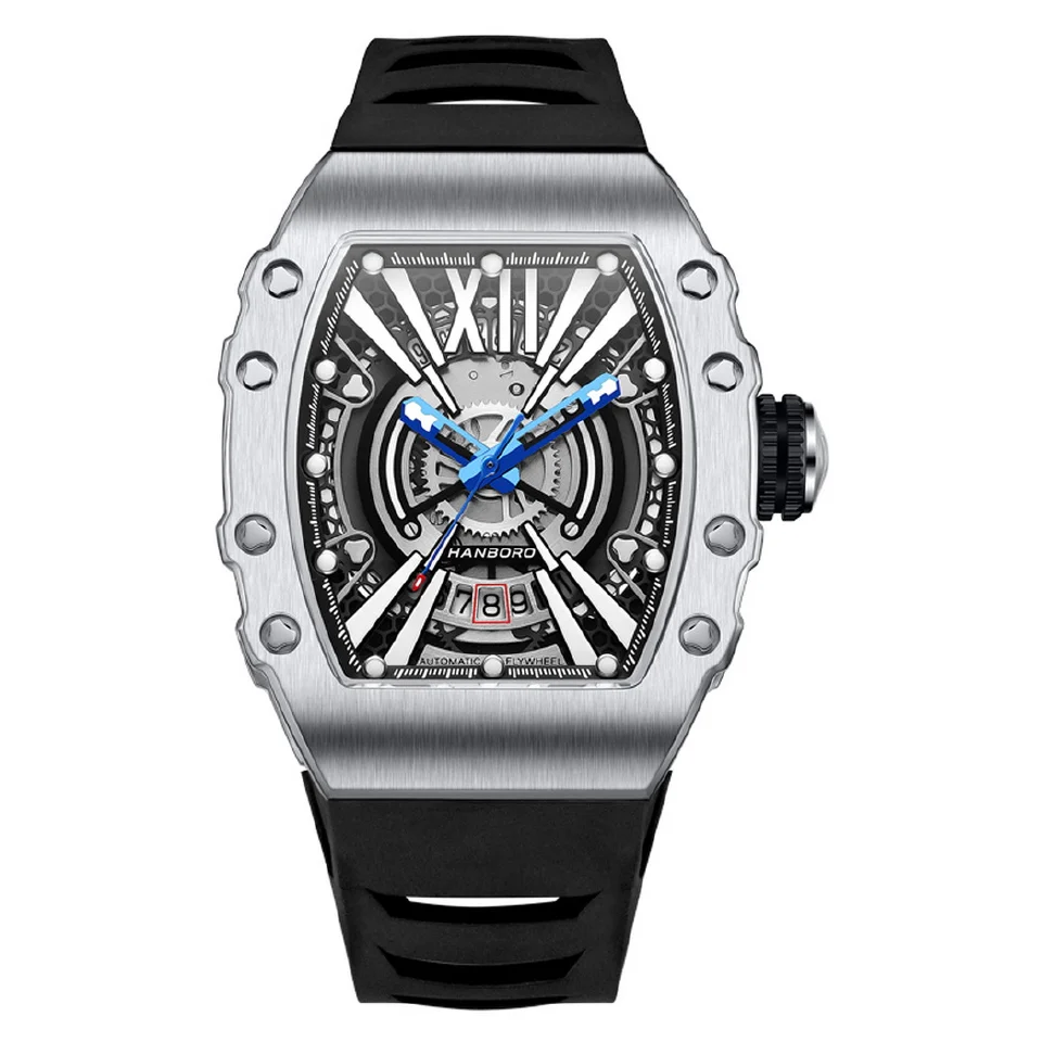 

HANBORO Men Automatic Watch Luxury Tonneau Mechanical Wristwatch Waterproof Luminous Skeleton Carbon Fibre / Steel Bezel 8215