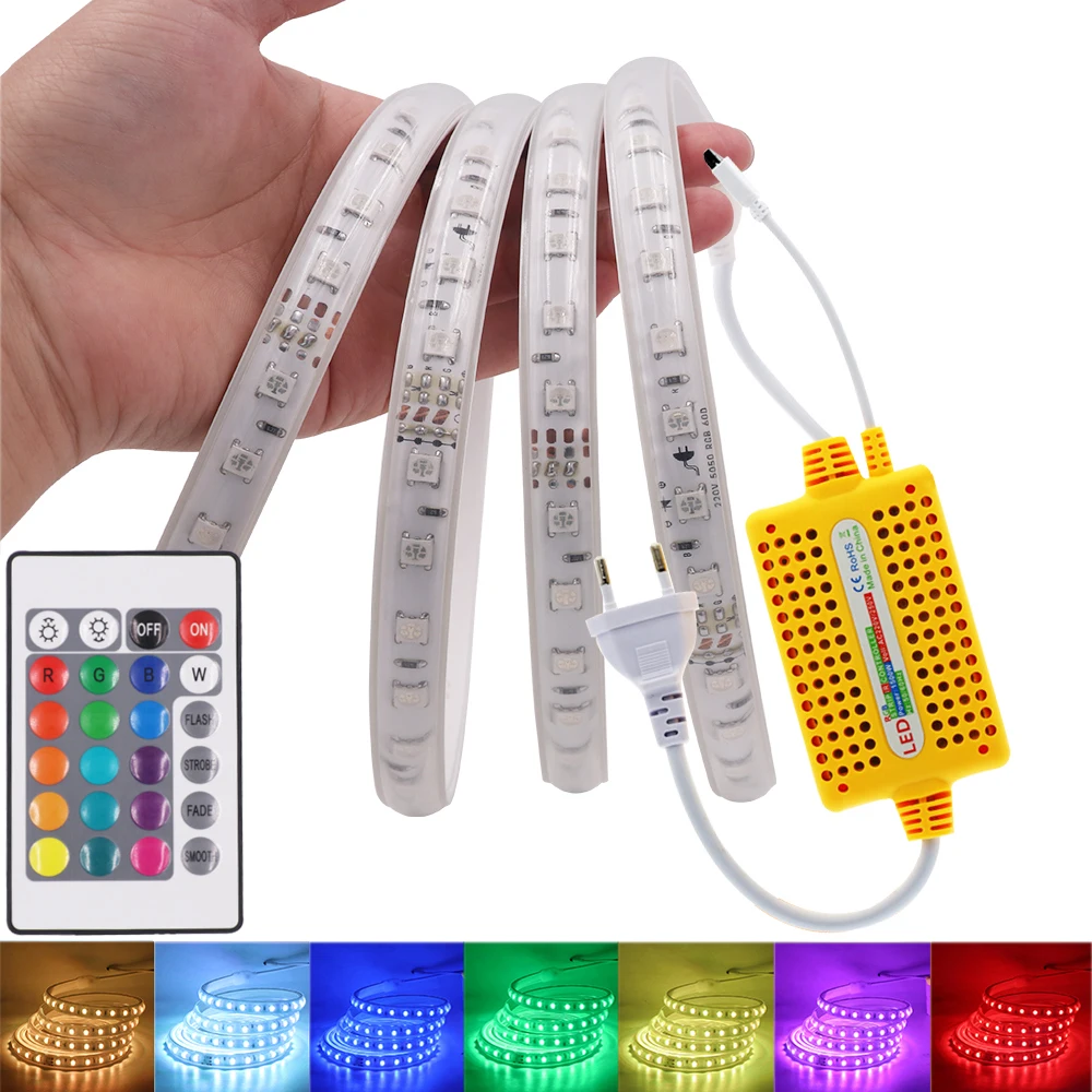 

220V RGB LED Strip Light with IR Remote Control 5050 Flexible LED Tape 60Leds IP67 Waterproof Outdoor LED Strip LED Ribbon 1-15m