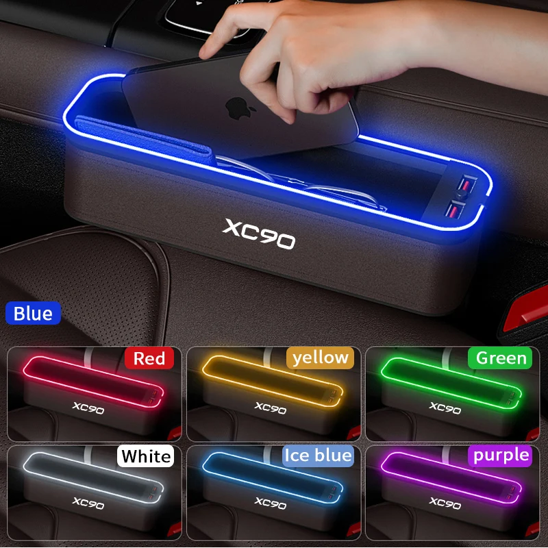 

For Volvo XC90 Gm Car Seat Storage Box with Atmosphere Light Car LED Cleaning Organizer Seat USB Charging Car Accessories