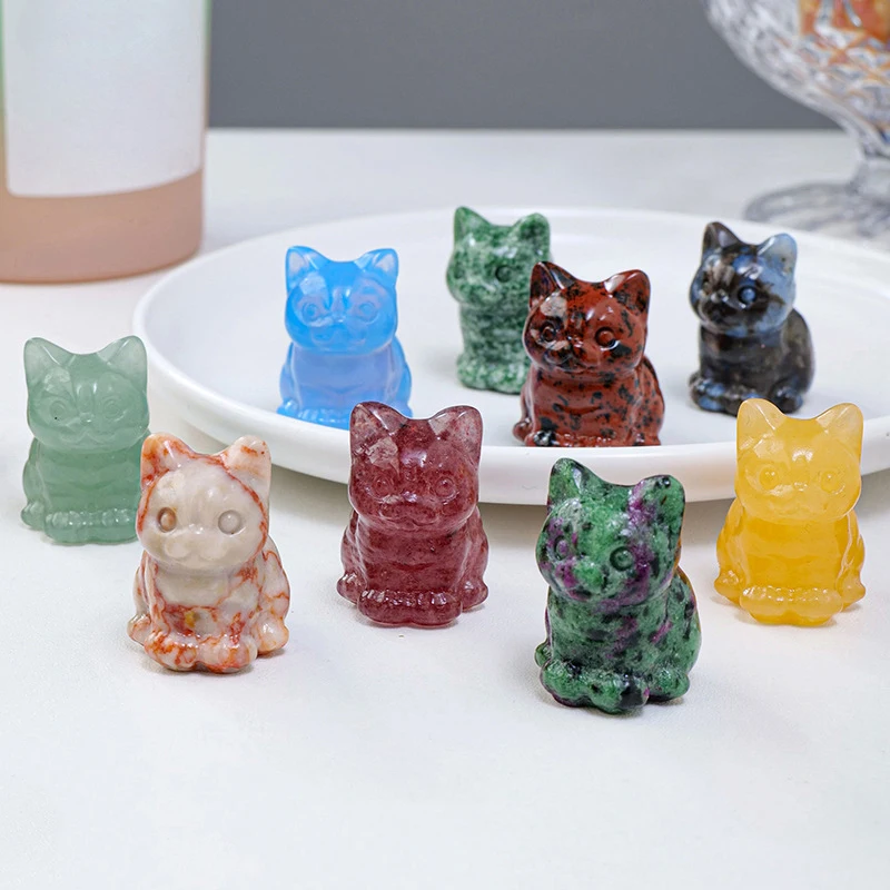 

Cute Cat Statue Natural Stone Crystal Hand Carved Healing Animal Figurine Reiki Gemstone Crafts Home Decoration Holiday Present