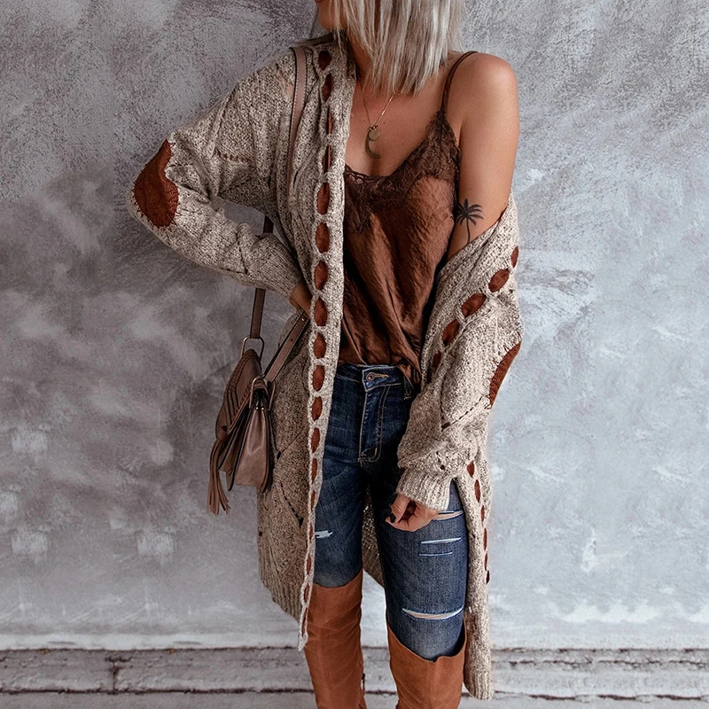 

Solid Color Cardigan Long-sleeved Knitted Sweater Women's Hollow Knit Casual Sweater Women's 2022 Loose Mid-length Cardigan