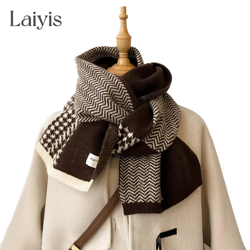 

Korean Style Knitted Scarf Women Woolen Yarn Neckerchief Houndstooth Elastic Warm Wraps Skinny Bufanda Soft Foulard Muffler 2022