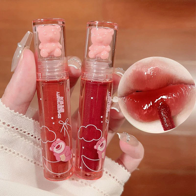 

Glossy Mirror Lipstick Crystal-Frozen Glossy Lip Glaze Cute Pink Bear Lip Gloss Nude Lipstick Non-Stick Cup Doodle Lip Makeup