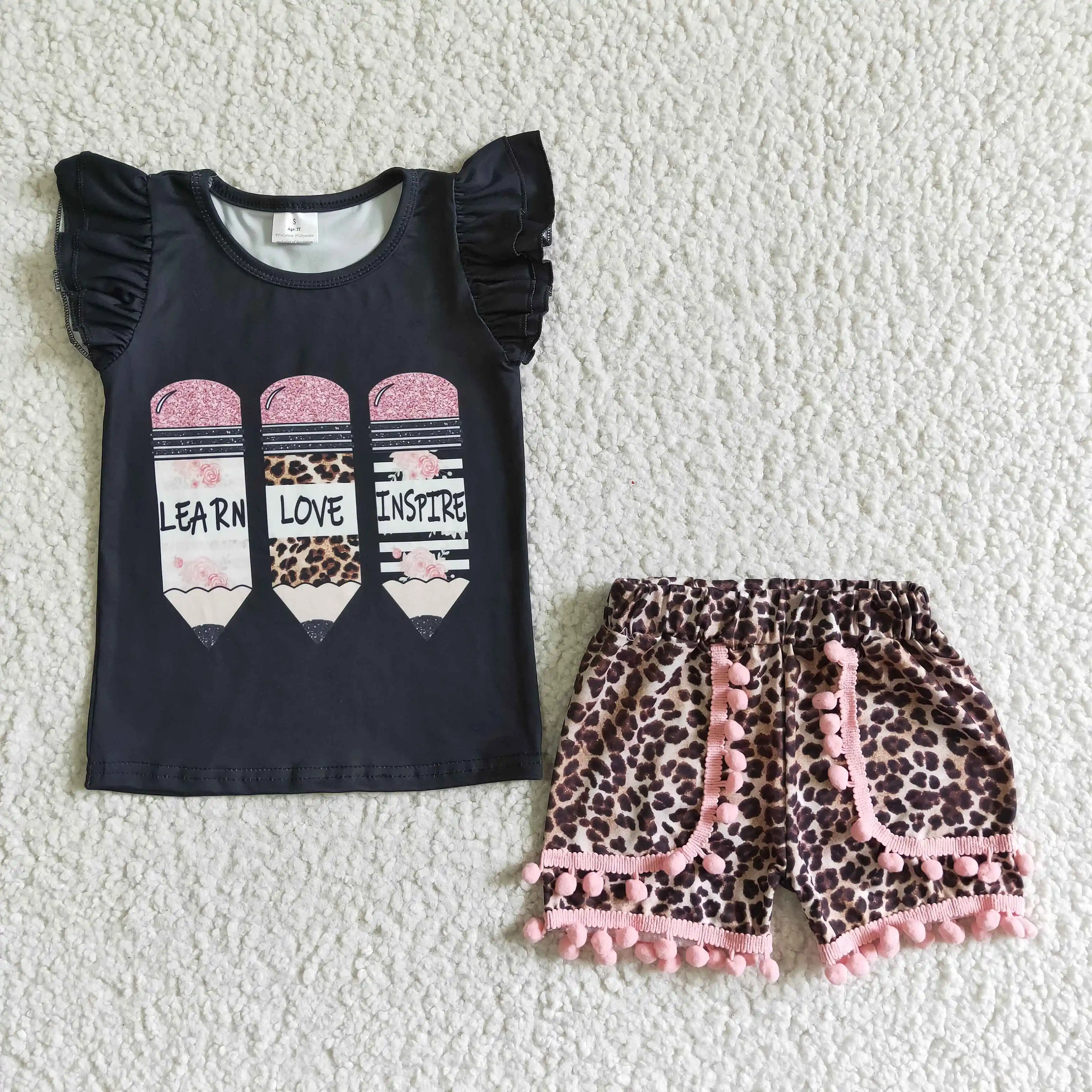 

High Quality kids clothing baby girls back to school pencil black and leopard cheap china wholesale kids clothing girls outfits