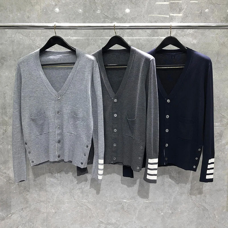 

TB THOM Cardigan Four-bar Cuff Design Unisex Luxury Knitwear Women Men Fashion Famous Clothings High Quality Wool Sweaters