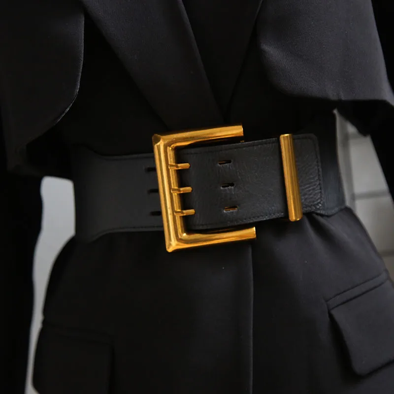 High Quality Retro Elastic Wide Belt Gold Buckle Ladies Fashion Suit Coat Girdle Waist Belts for Women Luxury Designer Brand