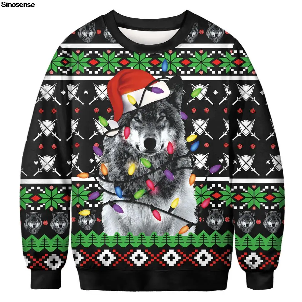 

Men Women New Year Holiday Party Xmas Sweater Jumper Tops 3D Christmas Wolf Printed Autumn Winter Ugly Christmas Sweatshirt