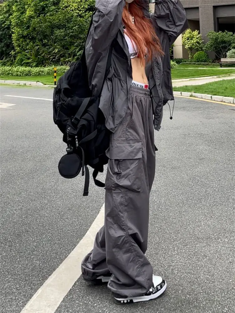 HOUZHOU Y2K Parachute Pants Women Hippie Streetwear Oversize Pockets Cargo Trousers Harajuku Techwear Wide Pantalone Egirl Style
