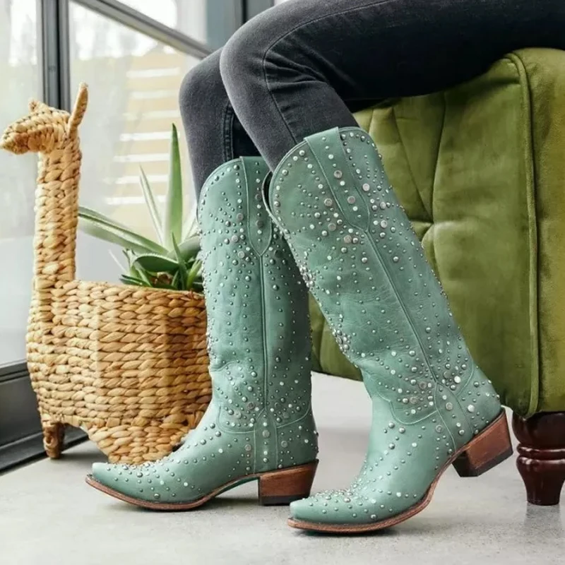 Women Cowboy Boots Wedge Pointed Toe String Bead Leather Boots Chunky Heels Vintage Mid-calf Green Black Boots Female Shoes