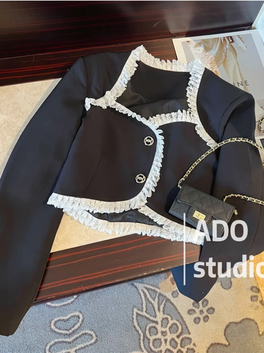 Sweet and Spicy Wind Black French Square Collar Lace Edge Stitching Short Coat Women 2023 Spring New Elegant Lady Top Female