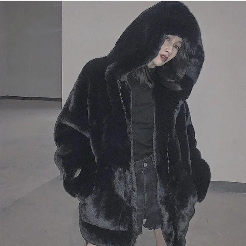 2021 New Rex Rabbit Fur Coats Women Hooded Faux Fur Coat Fashion Zipper Long Sleeve Parkas Streetwear Thick Warm Winter Jacket