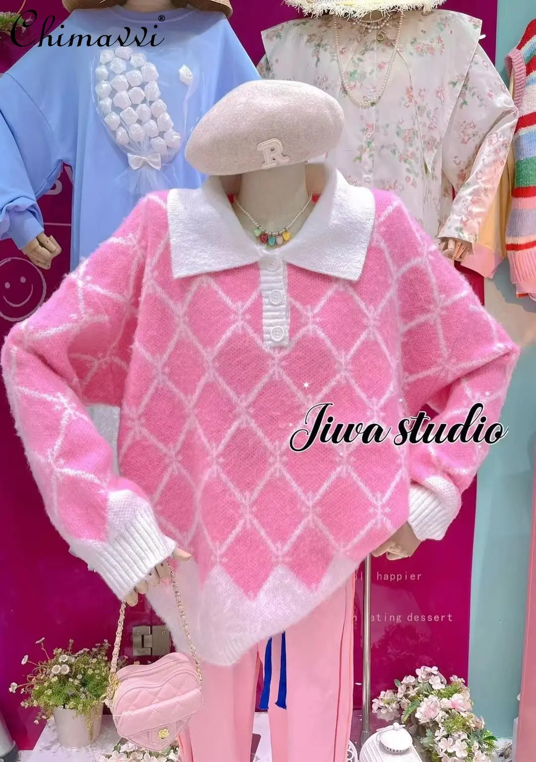 

Korean Sweet Rhombus Jacquard Stitching Polo Collar Pullover Knitted Top Autumn Winter Long Sleeve Crew Neck Casual Sweater Coat