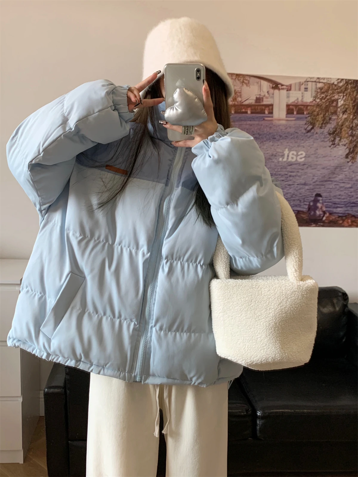 2022 Winter New Cotton Clothes Loose Age Reducing Thin Thickened Cotton Jacket Blue Cotton Coat Coat Female Fashion