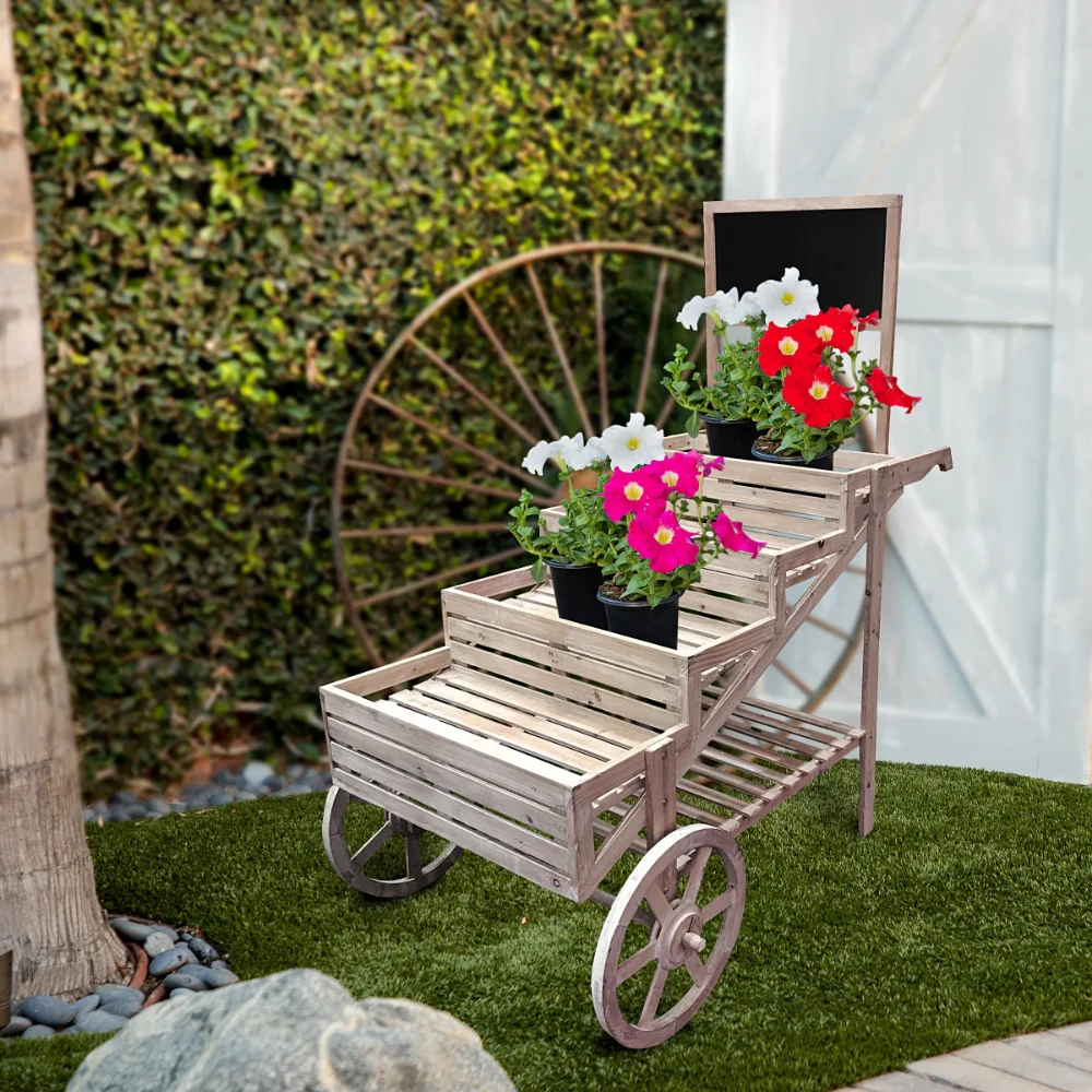 

Alpine Corporation 32" X 55" X 59" Wooden Cart Plant Display Stand Flower Stand Plant Pot Stand