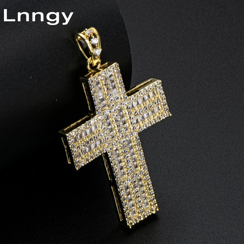 

Lnngy Iced Out Hip Hop Cross Charm Pendant for Men Women 14K Solid Yellow Gold Baguette CZ Religious Faith Jewelry Gift